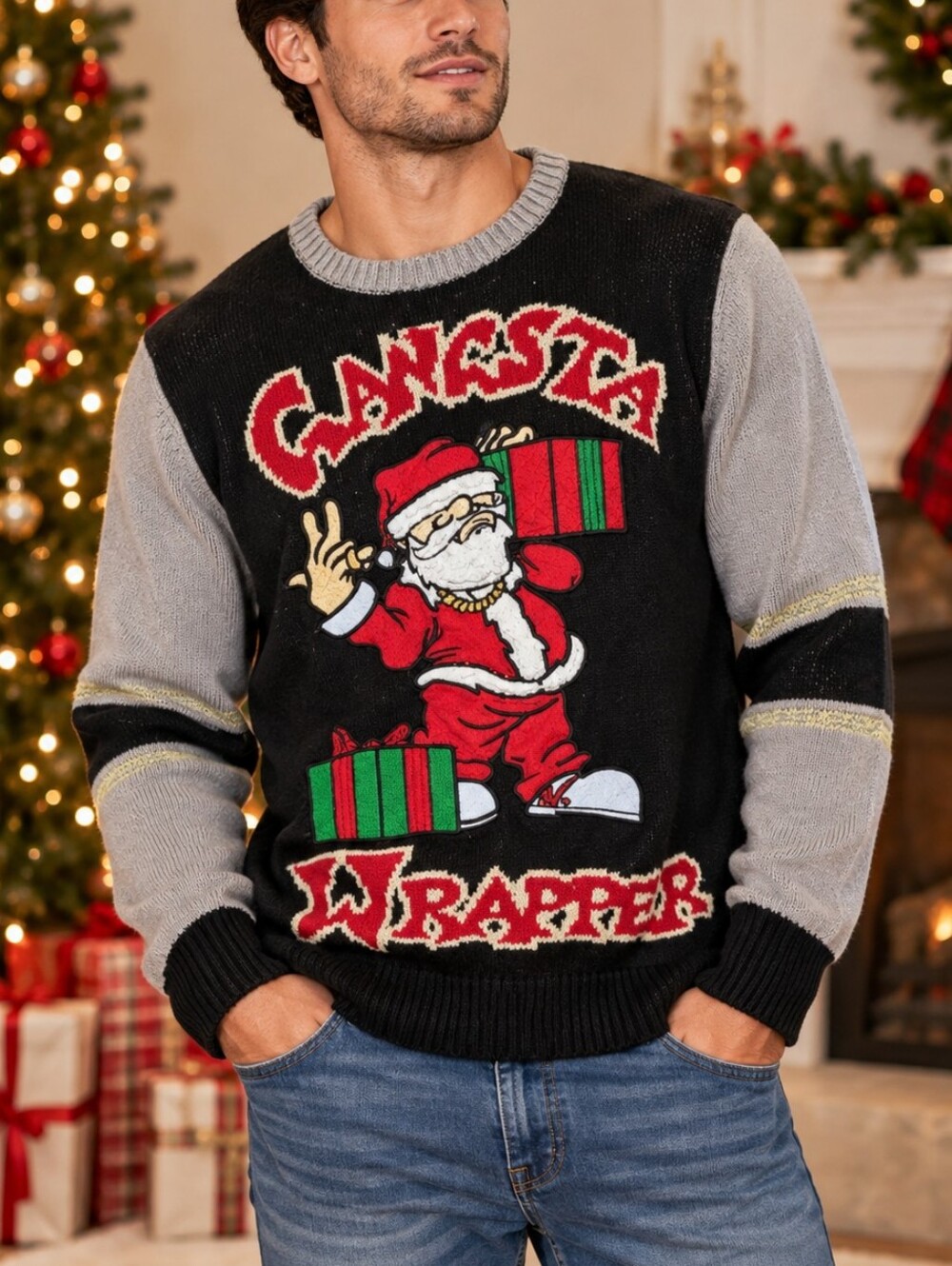 Spencer’s Workshop Gangsta Wrapper Christmas Sweater in a men’s Medium.